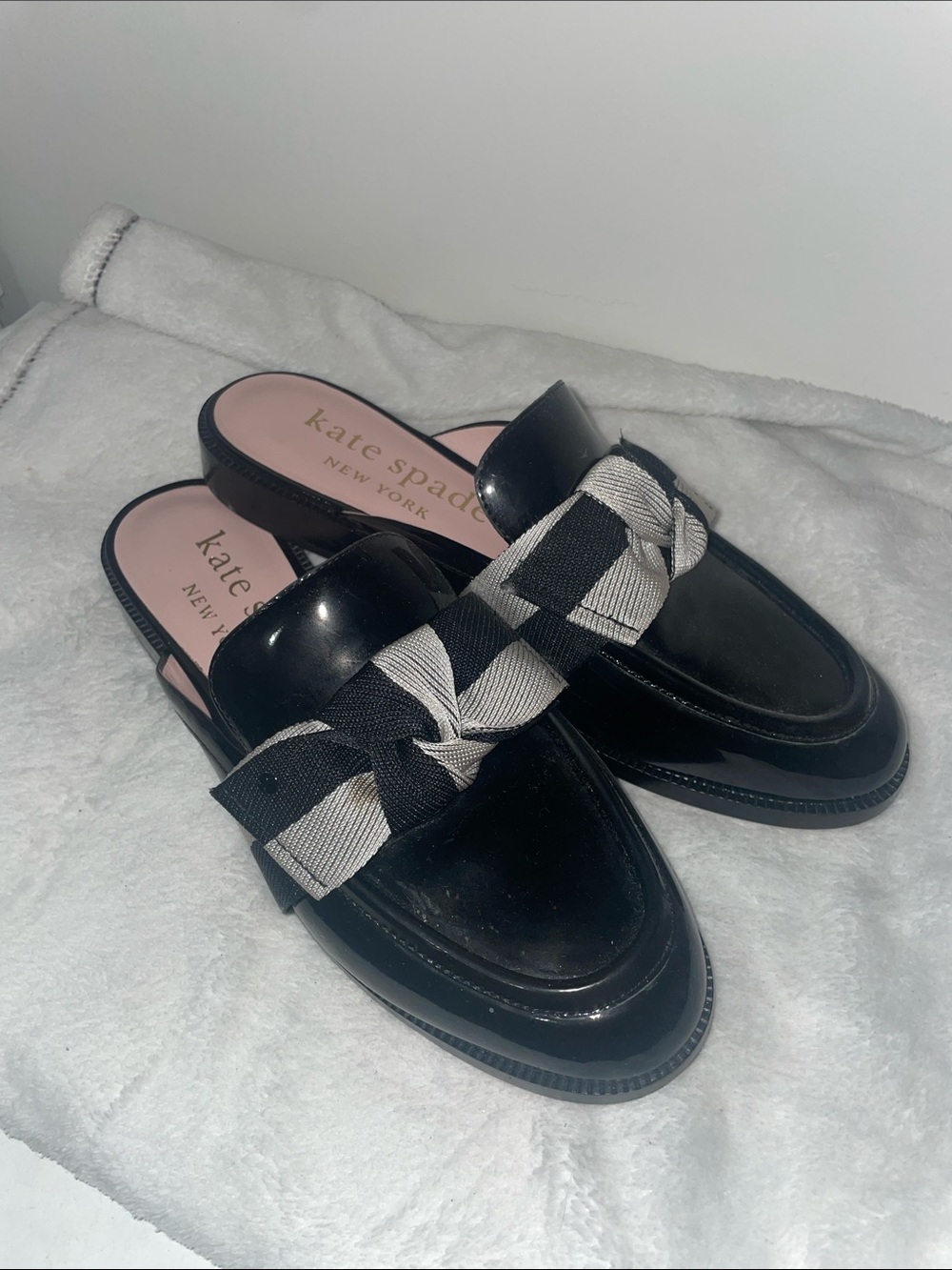 kate spade Black Patent Leather Slip-On Mules with Cream Bow Accent